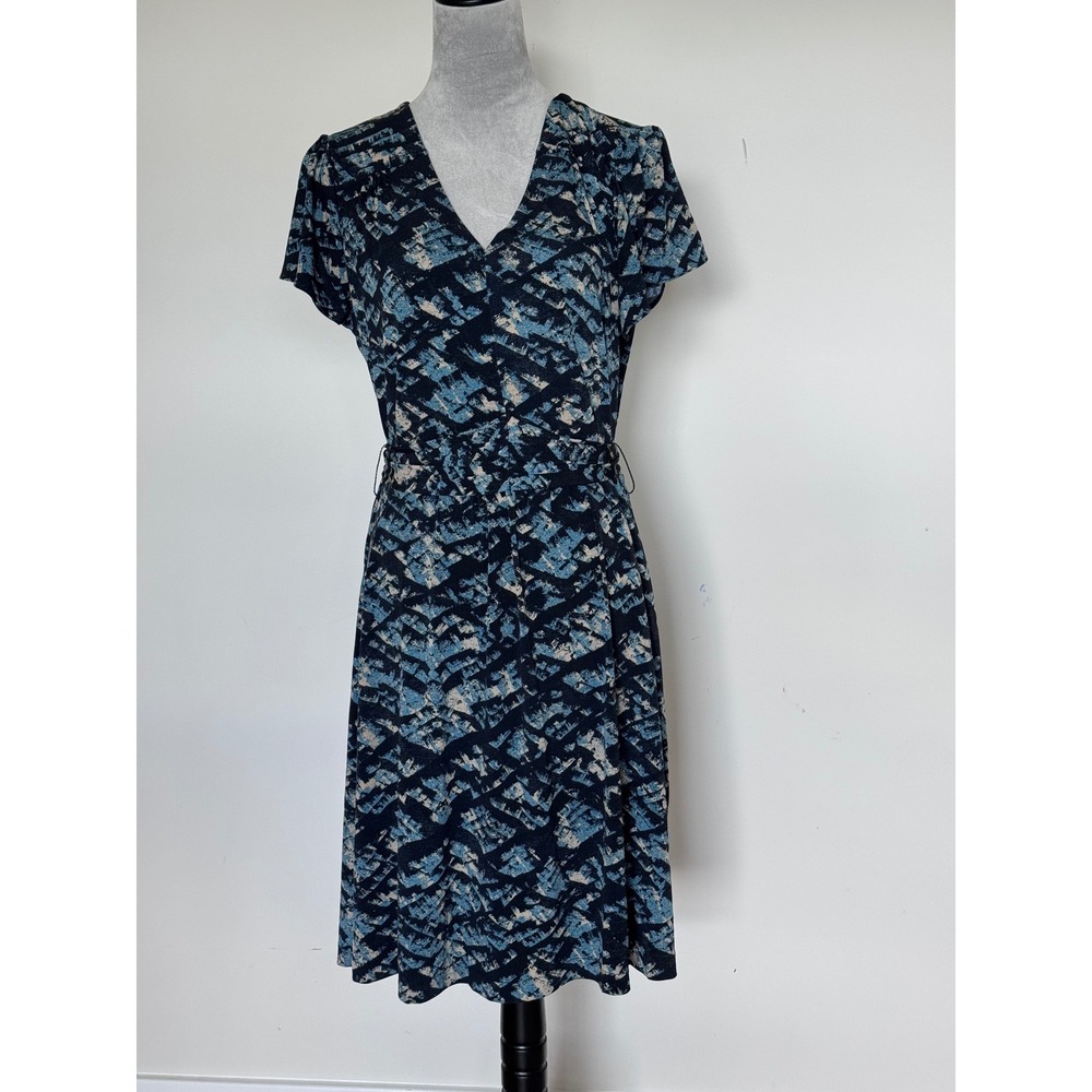 Attention Womens Blue Black Abstract Geometric V-Neck Wrap Tie Waist Dress Large